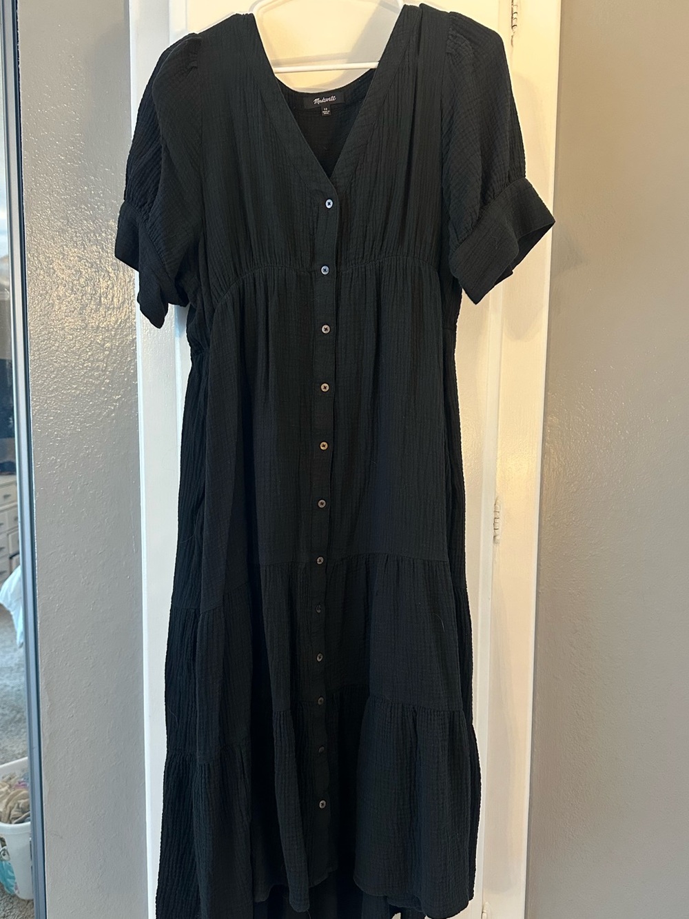 Madewell Lightspun Black Button-Front Tiered Midi Dress